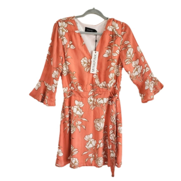 Minkpink's Lovina Wrap Style Mini Dress Coral Pink Floral Print Size M… - Picture 2 of 16